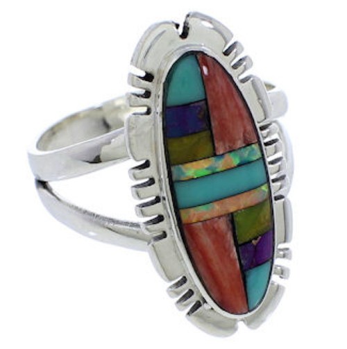 Southwestern Inlay Genuine Silver Multicolor Ring Size 7-1/2 TX38123