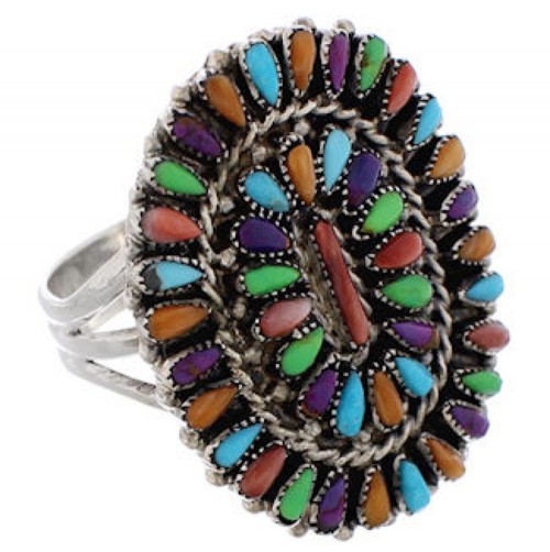Southwestern Multicolor Needlepoint Silver Ring Size 8-3/4 EX50803