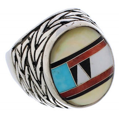 Multicolor Inlay Genuine Sterling Silver Ring Size 7-3/4 EX50805