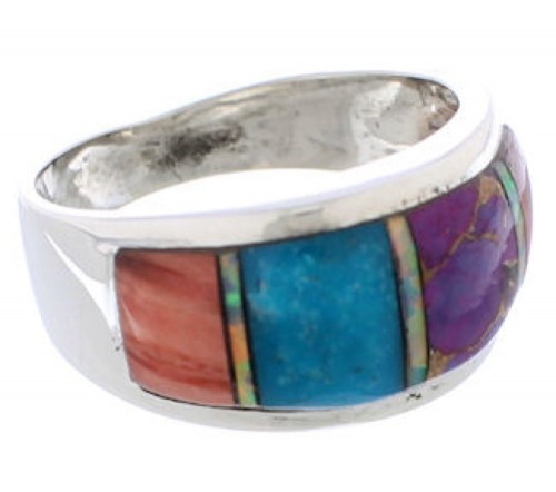 Multicolor Inlay Southwestern Silver Ring Size 8-3/4 EX50896