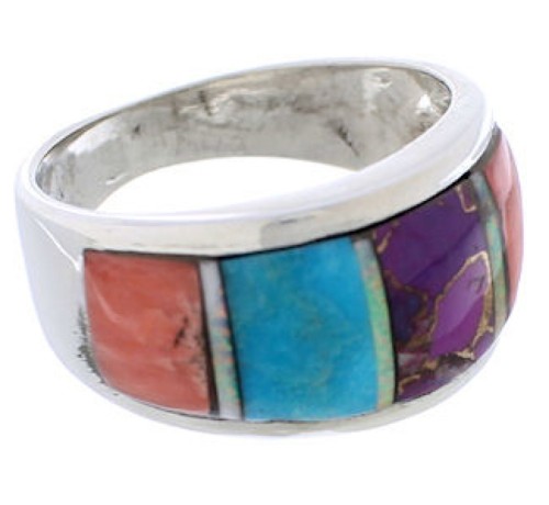 Sterling Silver Southwest Multicolor Inlay Ring Size 7-1/2 EX50901