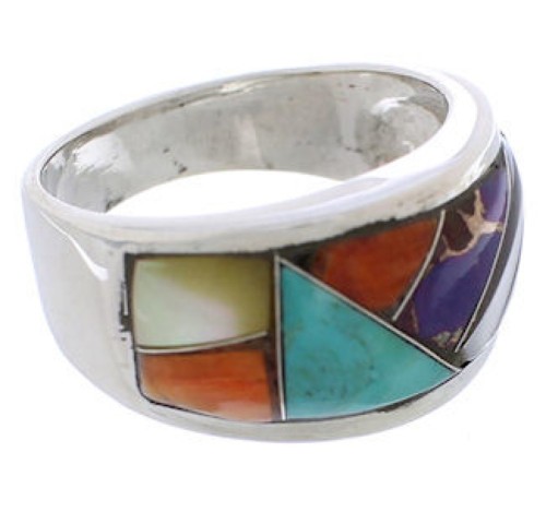 Southwestern Multicolor Inlay Silver Ring Size 6-3/4 EX50964