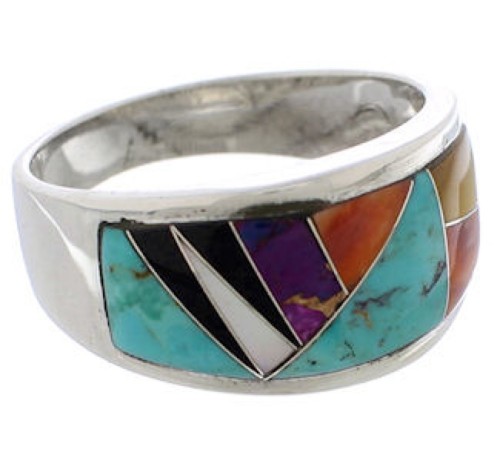 Southwestern Silver And Multicolor Ring Size 7-3/4 EX50966