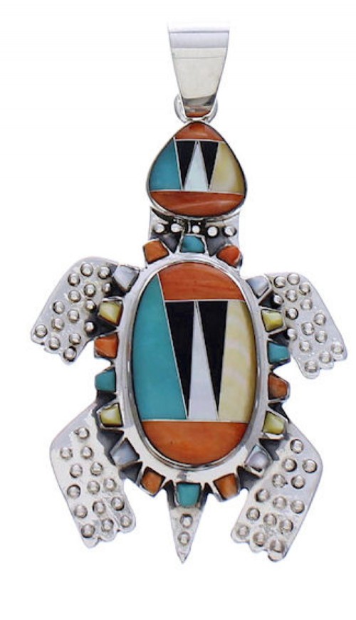 Southwestern Sterling Silver Turtle Multicolor Inlay Pendant PX29457