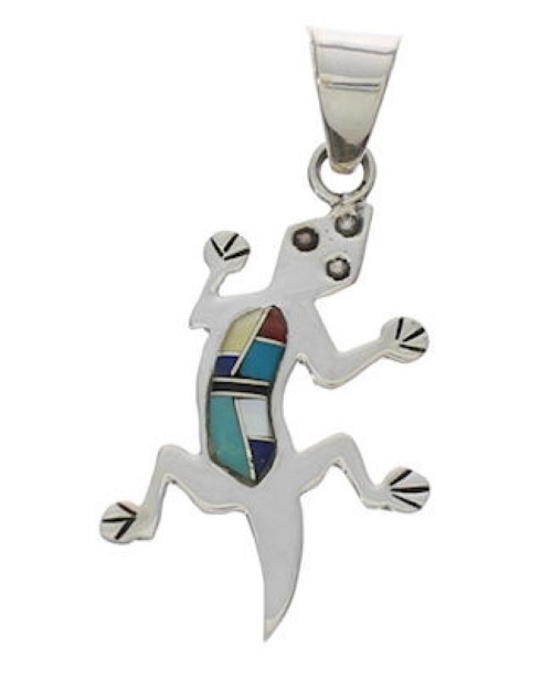 Turquoise And Multicolor Lizard Sterling Silver Pendant EX29377