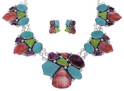 Multicolor And Sterling Silver Link Necklace And Earrings Set EX32905