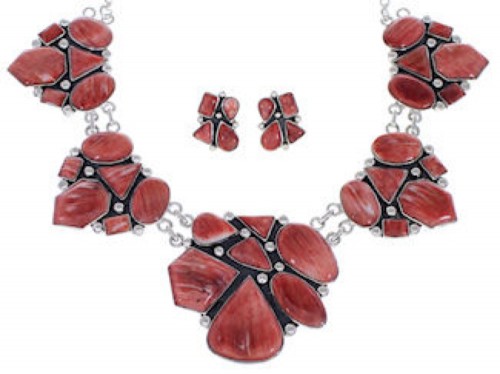 Red Oyster Shell Southwest Link Necklace And Earrings Set EX32907