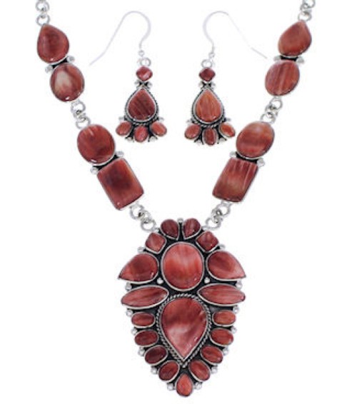 Red Oyster Shell Silver Link Necklace And Earrings Set EX32933