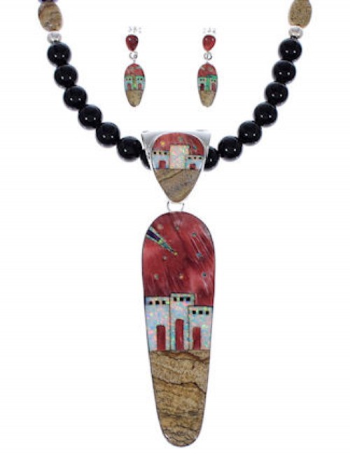 Native American Village Multicolor Inlay Pendant Necklace Set PX35216