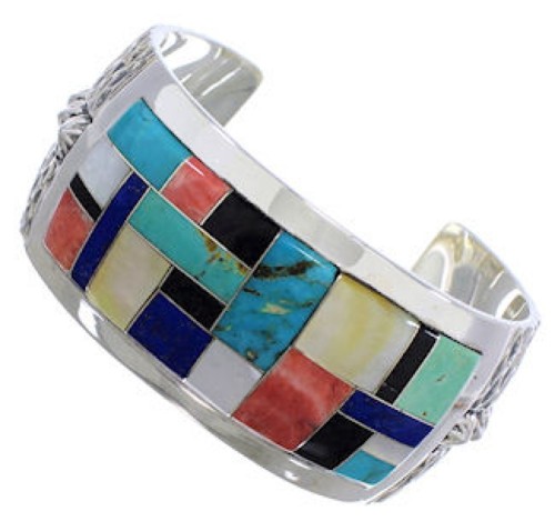 Multicolor Inlay Sterling Silver Southwest Cuff Bracelet FX27901