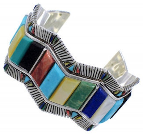 Multicolor Inlay Southwest Sterling Silver Cuff Bracelet FX27892