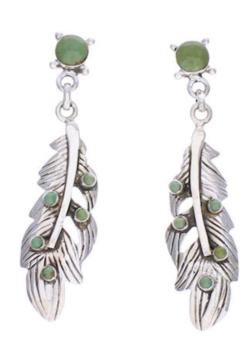 Turquoise Southwest Feather Silver Post Dangle Earrings PX32386