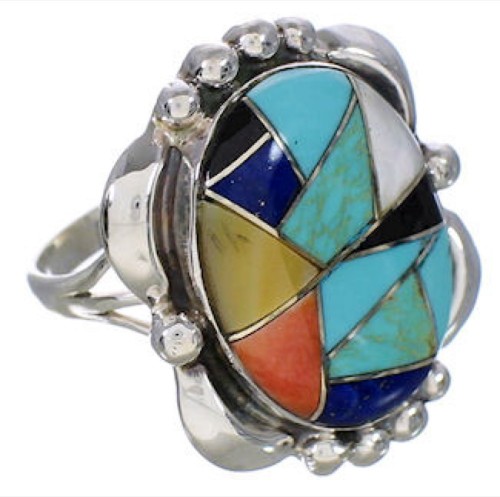 Genuine Sterling Silver And Multicolor Inlay Ring Size 5-1/2 UX33628