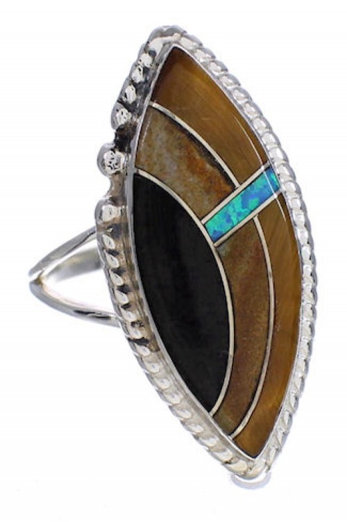 Southwestern Sterling Silver Multicolor Inlay Ring Size 8-1/2 UX33901