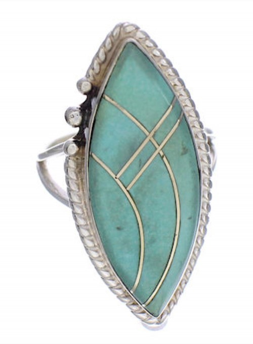 Southwestern Sterling Silver Turquoise Inlay Ring Size 7-3/4 UX33917