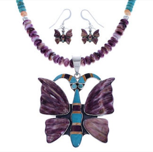 Silver Multicolor Butterfly Necklace Pendant Earrings Set PX34638