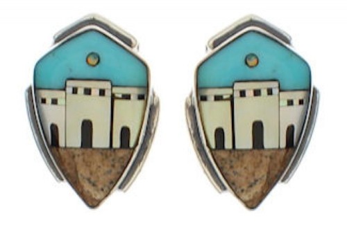 Native American Village Design Multicolor Inlay Earrings EX32504