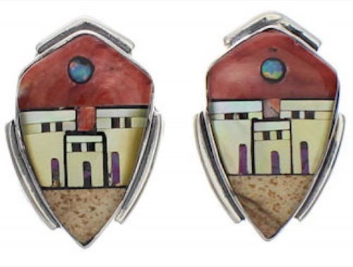 Multicolor Native American Village Design Silver Earrings EX32507
