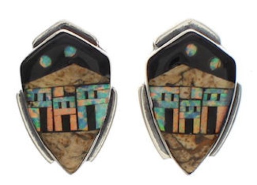 Native American Village Design Multicolor Inlay Earrings EX32510