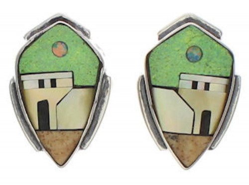 Native American Village Design Multicolor Inlay Earrings EX32512