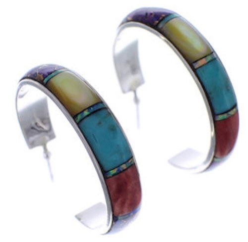 Silver Multicolor Inlay Southwest Post Hoop Earrings PX24867