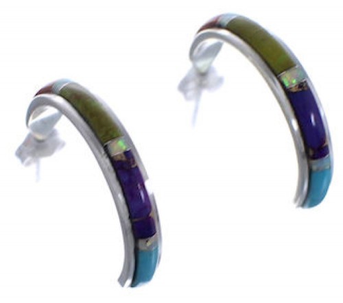 Multicolor Inlay Silver Post Hoop Earrings PX24885