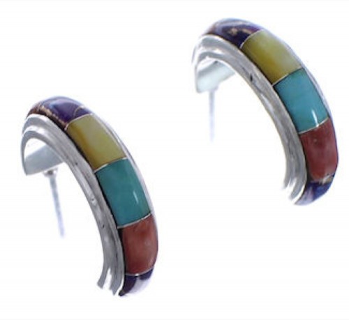 Multicolor Inlay Southwest Silver Post Hoop Earrings Jewelry PX24892
