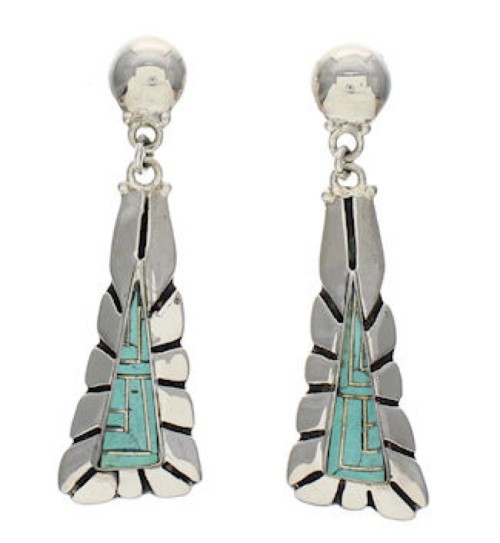 Southwestern Silver Turquoise Inlay Post Dangle Earrings TX26172