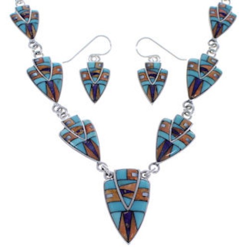 Multicolor Silver Southwest Link Necklace Earrings Jewelry PX36961