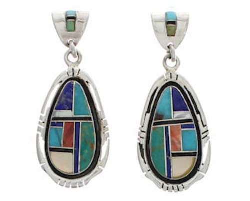 Multicolor Inlay Sterling Silver Post Dangle Earrings Jewelry EX24802