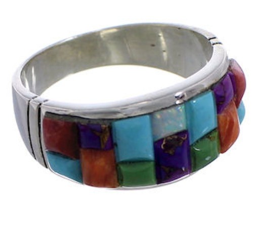 Multicolor Inlay Southwest Sterling Silver Ring Size 8-1/2 EX50670