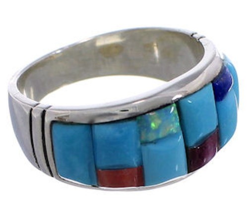 Turquoise Multicolor Inlay Silver Ring Size 8-3/4 EX50674