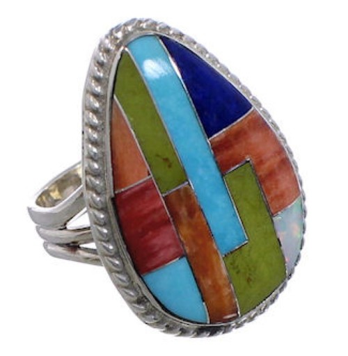 Multicolor Inlay Southwest Sterling Silver Ring Size 7-1/4 EX50753