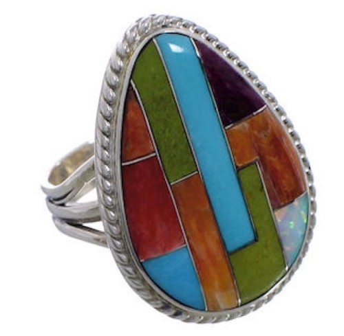 Multicolor Inlay Southwestern Silver Ring Size 8-1/2 EX50755