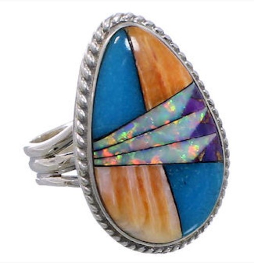 Southwest Sterling Silver Multicolor Ring Size 7-1/2 EX50767