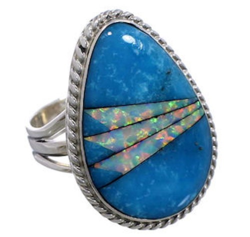 Turquoise And Opal Southwest Silver Ring Size 5-1/2 EX50778