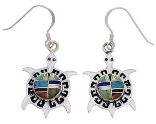 Southwest Multicolor Turtle Silver Hook Dangle Earrings PX32003