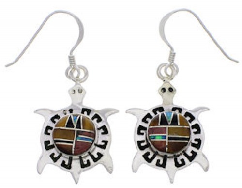 Southwestern Turtle Multicolor And Silver Hook Dangle Earrings PX32014