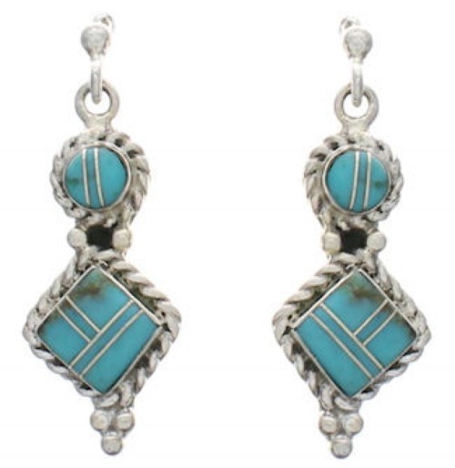 Turquoise Inlay And Silver Post Dangle Earrings FX31044