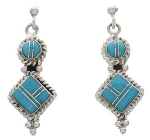 Turquoise Inlay Southwest Silver Post Dangle Earrings FX31046