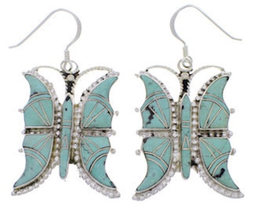 Silver Turquoise Inlay Butterfly Hook Dangle Earrings FX31785