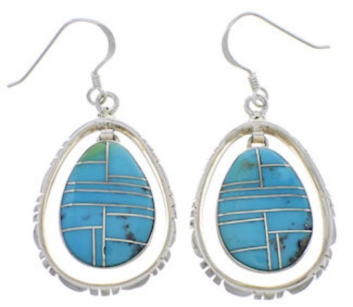 Silver Turquoise Inlay Hook Dangle Earrings FX31879