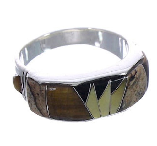 Southwestern Silver Tiger Eye Multicolor Ring Size 7-1/2 AX37175