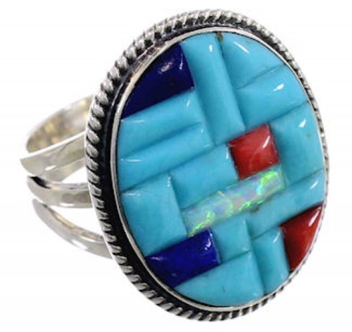 Southwest Sterling Silver Multicolor Inlay Ring Size 6-1/2 CX51617