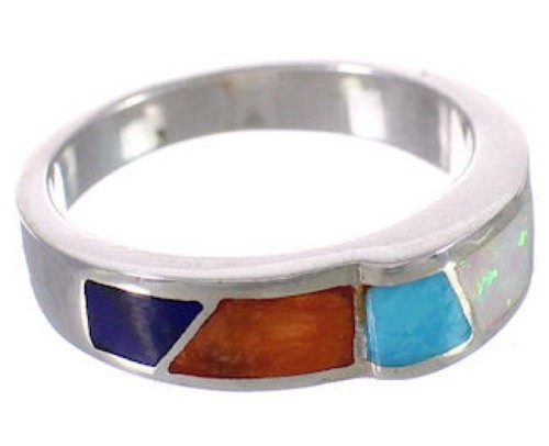 Sterling Silver Southwestern Multicolor Inlay Ring Size 7-3/4 CX50429