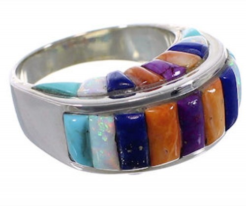 Sterling Silver Southwest Multicolor Inlay Ring Size 9-1/4 CX49975