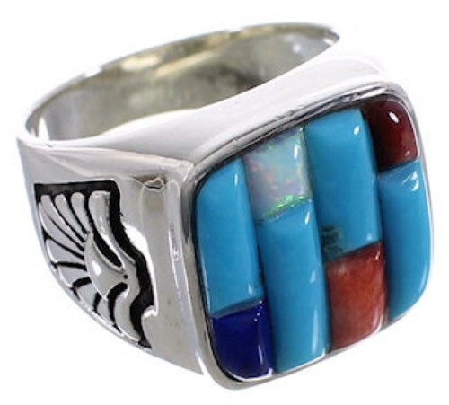 Southwest Sterling Silver Multicolor Inlay Ring Size 8-3/4 CX50020