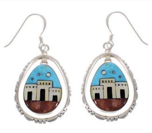 Authentic Sterling Silver Multicolor Native American Pueblo Design Hook Dangle Earrings RX57231