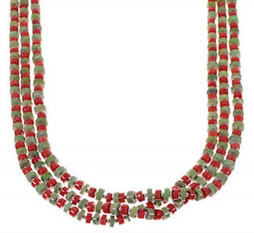 Turquoise And Coral 3-Strand Navajo Indian Bead Necklace EX26577