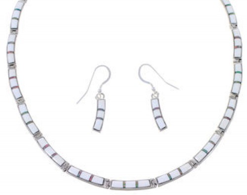 Silver Opal And White Inlay Link Necklace And Earrings Set FX26437
